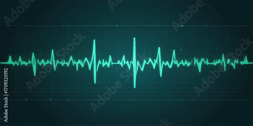 Green medical heartbeat line on a monitor, an illustration of a cardiogram or electrocardiogram (ECG) showing a pulse rate wave