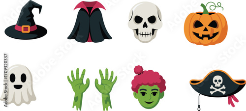 Halloween icons set with witch hat vampire cloak skull jack-o-lantern ghost zombie hands green monster pirate hat vector