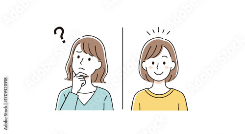 Confused woman transforms into happy, inspired person showing clear solution and positive outcome
