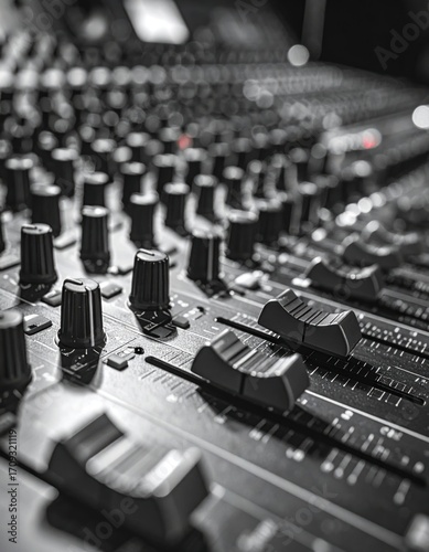 Close-up on a grayscale audio mixing console showcasing sliders, knobs, and buttons in a shallow depth-of-field composition