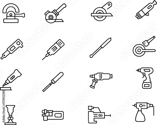 Power tool icon set, construction equipment line icons, electric tools illustration, workshop machinery symbols, industrial repair tools collection