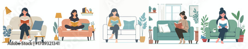 vector woman relaxing on sofa reading book
