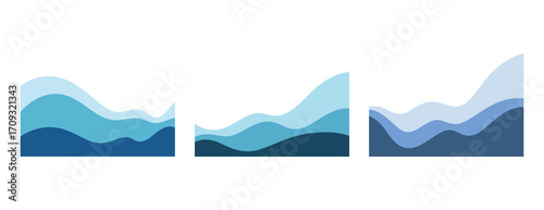 A set of multi-layered wavy separator shapes for the design of a web page and header. Blue sea curves lines of shapes, vector. Modern, minimalistic, graphic border element for banners, presentations