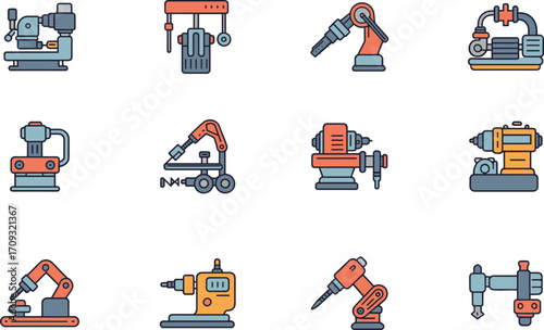 Industrial robot icon set, colored automation tools, robotic arms, factory equipment, CNC machines, smart manufacturing technology vector illustration
