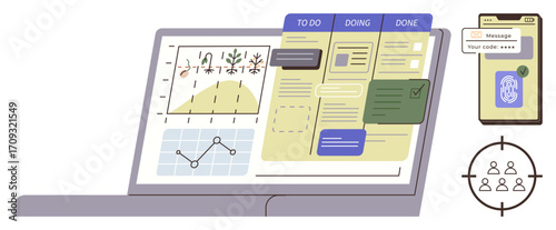 Laptop with charts, project management board, smartphone with security code, and user targeting. Ideal for productivity, analytics, data security, communication, business strategy teamwork task