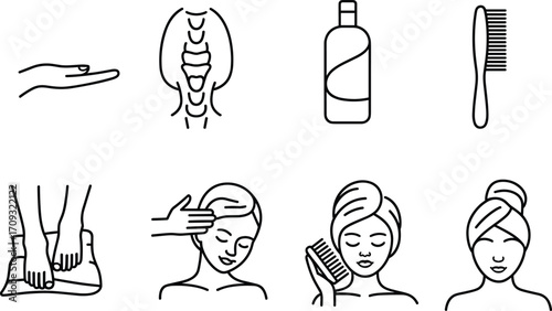 Hair Care and Scalp Treatment Icons, Shampoo, Comb, Massage, Healthy Hair, Scalp Health, Beauty Routine, Self Care, Wellness Set