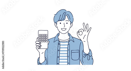 Cheerful man shows calculator and making ok sign, ready for taxes or bookkeeping, simple line art
