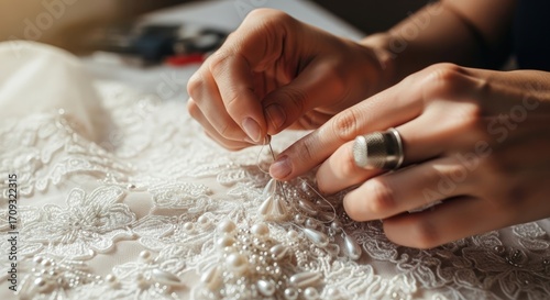 Close-up of Seamstress Hand Sewing Beads and Lace on a Wedding Dress