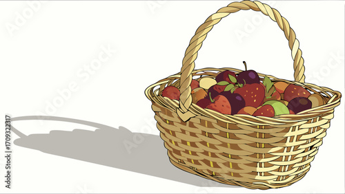 Hand-Woven Wicker Basket Overflowing with Colorful Assorted Fresh Fruits, Isolated on White Background with Shadow - Healthy Harvest Illustration
