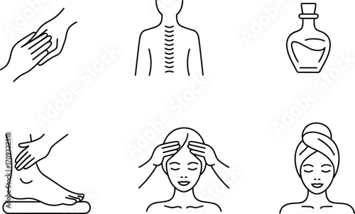 Relaxation and Wellness Icons Set, Massage Therapy, Spine Health, Essential Oil, Foot Massage, Head Massage, Self Care, Spa Treatment