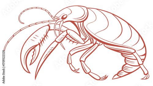 Stylized Lobster or Crayfish Line Art Illustration on White Background, Minimalist Crustacean Vector Outline Graphic