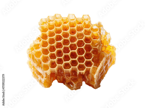 Golden hexagonal cells filled with sweet amber liquid honeycomb, Isolated, Png Transparent Background