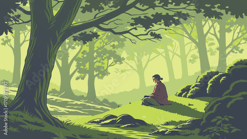 Serene Solitude: A Person Meditating Peacefully on a Grassy Hillside in a Lush, Verdant Forest bathed in Soft Light and Shadow