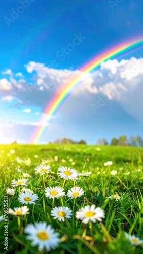 A vibrant rainbow arches over a lush green field dotted with white daisies against a brilliant blue sky with scattered clouds
