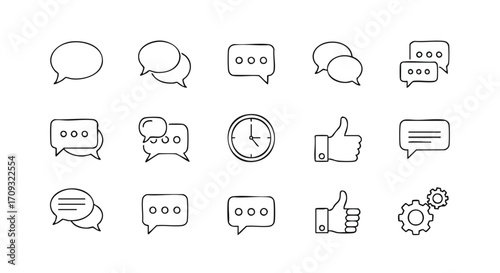 Modern line icons for communication, feedback, time management, and business processes.