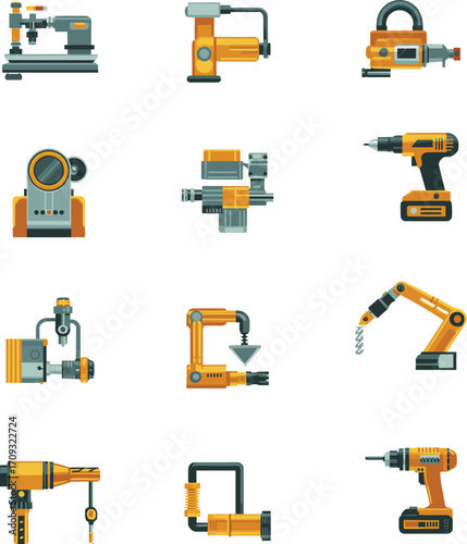 Industrial Tools and Machines Icon Set, Power Tools, Robotic Arms, Drills, Engineering Equipment, Factory Devices, Workshop Essentials, Vector Collection
