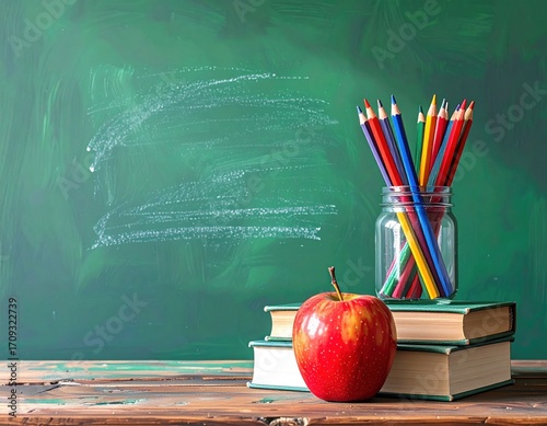 Books, red apple, and colored pencils against green chalkboard background; evocative of school with a rustic vibe on aged wood surface