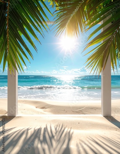 Scenic beach vista with aqua water & a bright sun, framed by palm leaves and white pillars, creating shadow patterns on tan sand