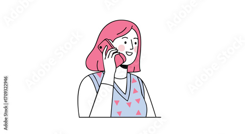 Cheerful young professional with pink hair chatting on her phone making plans or closing a deal