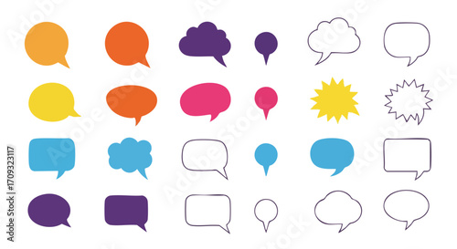 Diverse colorful speech bubbles for communication, discussion, and thought bubbles for design