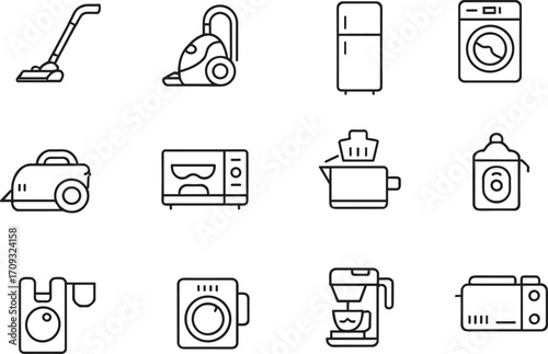 Household Appliances Line Icons Set, Vacuum Cleaner, Refrigerator, Washing Machine, Toaster, Microwave, Coffee Maker, Kitchen and Laundry