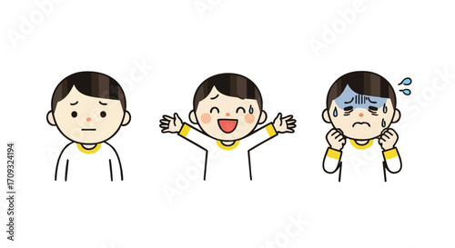 Child expresses a range of emotions from confusion to joy and anxiety, perfect for educational content.
