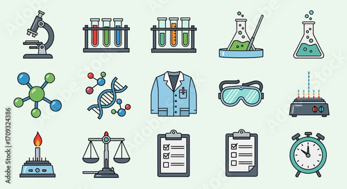 Flat lay of various science lab icons, including microscope, test tubes, beakers, and lab coat, against a light teal background, conveying a clean and organized
