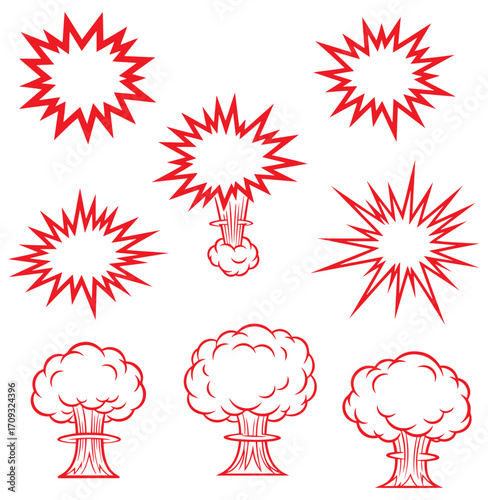 Dynamic collection of red explosive burst vectors for attention grabbing impact design work