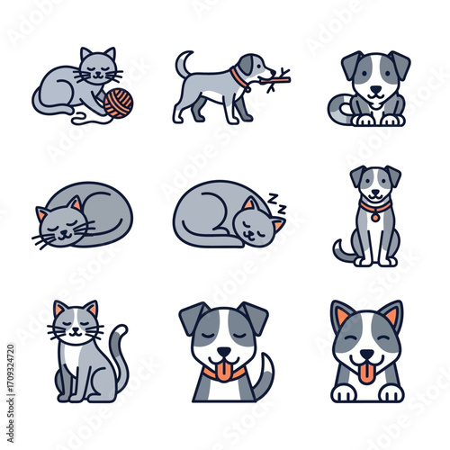 Flat lay illustration of nine adorable cats and dogs in various playful and resting poses, featuring a simple line art style with a calming grey and blue color palette