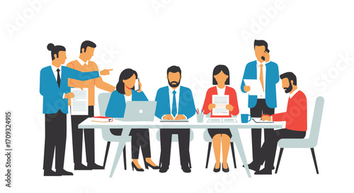 Flat, illustrated design of a business team collaborating around a long table during a meeting, using laptops and documents, conveying a serious and focused mood against