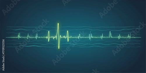 Abstract pulsating electrocardiogram line forming a healthy heart on a medical monitor
