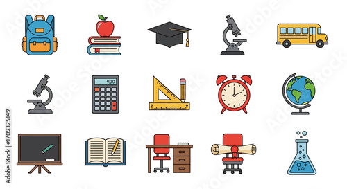 Flat lay of colorful school supplies including books, backpack, microscope, and calculator against a white background, conveying a cheerful and organized mood.