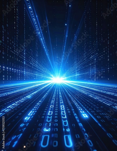 Digital data stream emanating from a glowing point, with binary code and light beams creating a futuristic, vibrant blue abstract