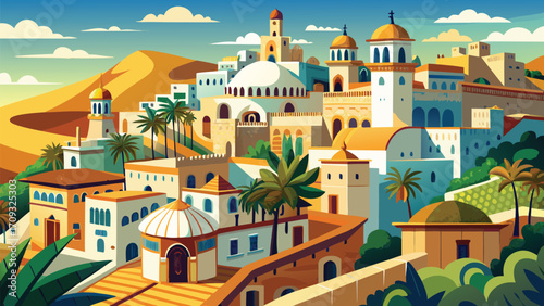 Vector art of a vibrant cartoon illustration of a desert city with palm trees and sand dunes in the background, sunny day