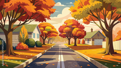 Vector art of a peaceful suburban street in autumn with colorful trees and houses with falling leaves and cloudy sky