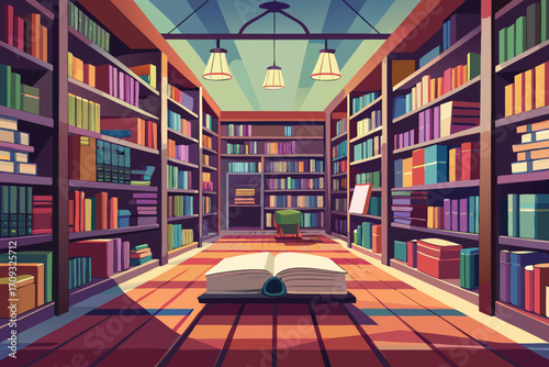 Vector art of grand library interior illustration with open book, bookshelves, and lamps, creating a scholarly atmosphere
