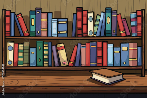 Vector art of a charming illustration of a bookshelf filled with colorful books, creating a cozy and inviting atmosphere in the room