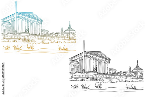 Nice view on Washington DC, USA. Urban landscape. Hand drawn sketch. Line Art. Vector background. Without people. Postcard style.