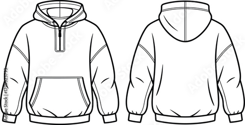 Unisex half-zip hoodie flat sketch, pullover sweatshirt with kangaroo pocket, casual fashion technical drawing, front and back views template.