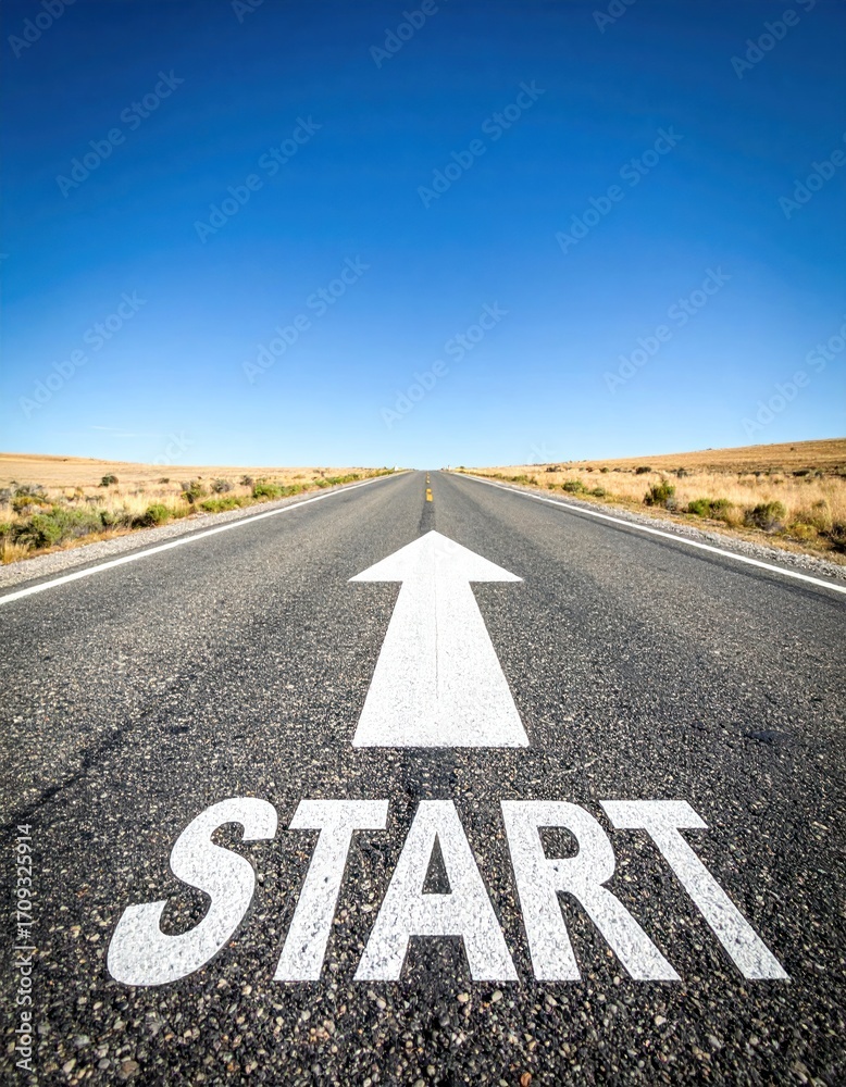 custom made wallpaper toronto digitalAn asphalt road leads to the horizon with a 'START' marker and an arrow, under a bright, clear blue sky
