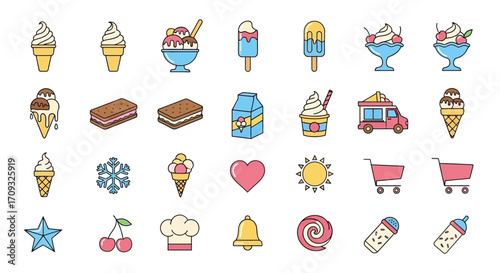 Flat lay of colorful ice cream icons, including cones, sundaes, popsicles, and related elements, against a white background, conveying a cheerful and sweet mood.