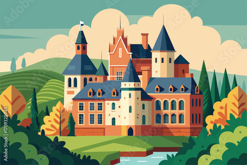 Vector art of picturesque castle nestled in a lush countryside with rolling hills, trees, and a serene river in daytime