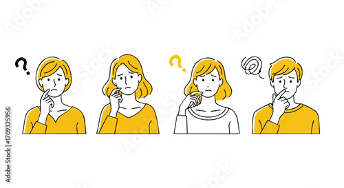 Confused people thinking about decisions with question marks above their heads in yellow and black