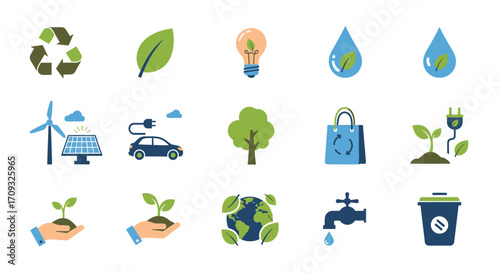 Flat lay of diverse eco-friendly icons representing sustainability, renewable energy, and conservation, in a vibrant green and blue color scheme against a white