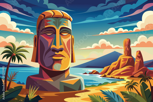 Vector art of a vibrant pixel art illustration of a moai statue on easter island, with a tropical beach and blue sky backdrop