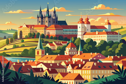 Vector art of a captivating view of prague castle and the surrounding cityscape under a clear blue sky on a sunny day