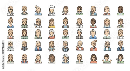 Flat lay collection of diverse women icons, portraying various professions, with a clean white background and a pastel color palette.