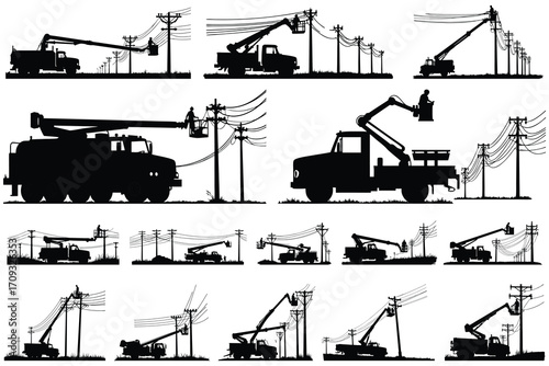 Silhouettes of utility trucks and workers on power lines 1