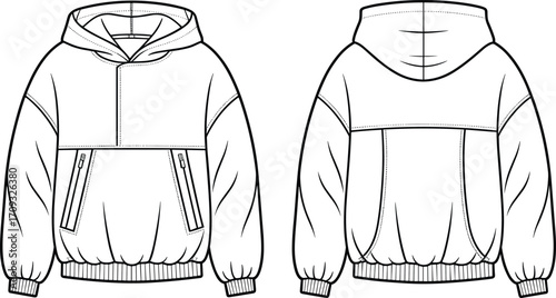 Unisex hooded puffer jacket fashion flat sketch, front and back technical drawing, zip pockets, elastic hem design template.