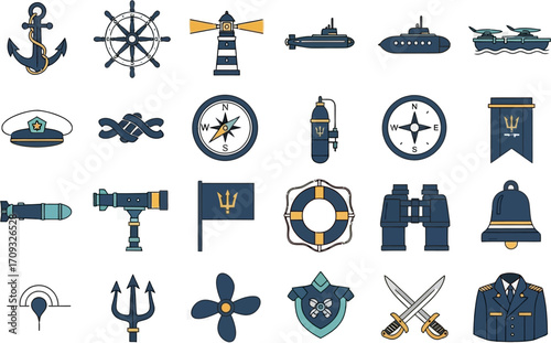 Flat lay of nautical icons: anchor, compass, lighthouse, ship, and more in navy blue and gold, against a white background.